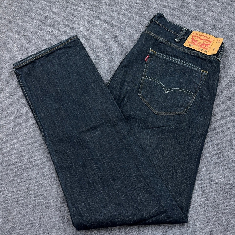 Levis 501 Original Fit Jeans Mens 38x34 Dark Indigo Dimensional Rigid Button Fly